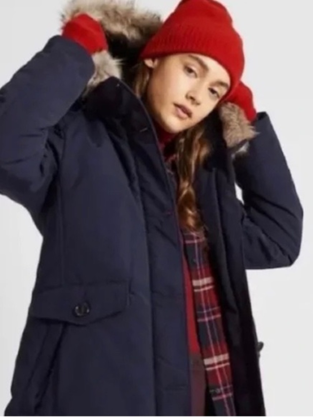 Women's Black Faux-Fur Trim Parka Jacket - Navy